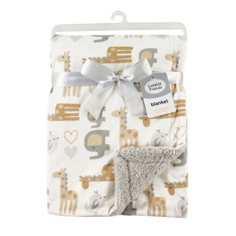 Luvable Friends Blanket Neutral Safari Elephant Bird Giraffe Gray Beige Sherpa